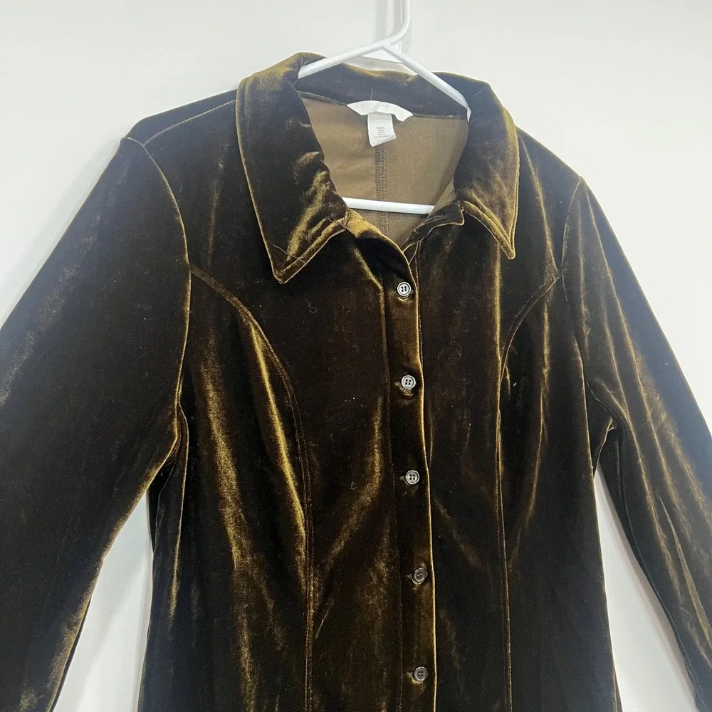 H&M Womens Olive Green Velvet Button Down Shirt Long Sleeve Blouse Size Large - Picture 4 of 11